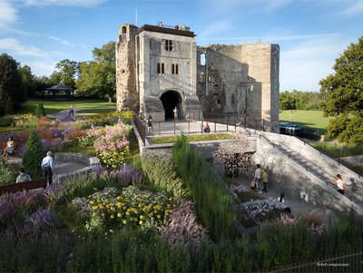 Newark castle today showing artists impression of new gatehouse
