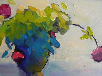 acrylic still life painting of a potted plant with a dropping flower