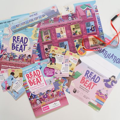 Read to the Beat Summer Reading Challenge materials including stikcer booklet, magazine, bookmark and stickers