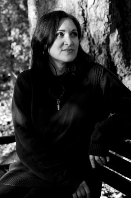 A black and white photo of Amy Acre