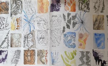 Small squares of different painting and drawing techniques