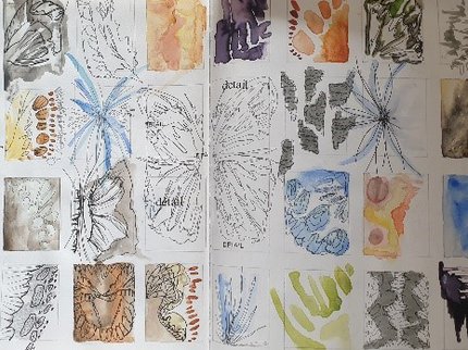 Small squares of different painting and drawing techniques