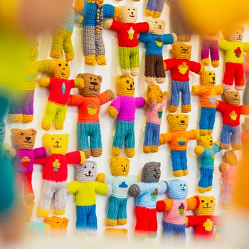 Wall of knitted brave bears in many colours with acorn motif on their tshirts