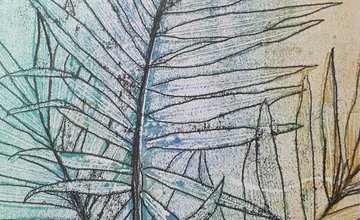 Botanical print on blue, yellow and green blended background