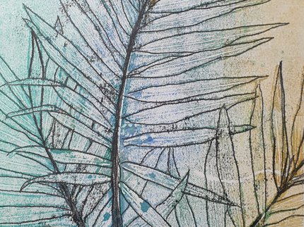 Botanical print on blue, yellow and green blended background