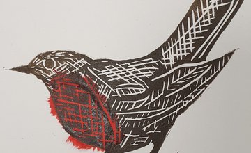 Lino print of Robin in brown and red ink