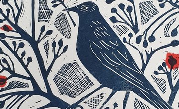 Lino print Bird on branch with red berries