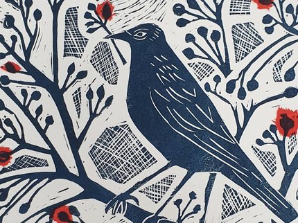 Lino print Bird on branch with red berries