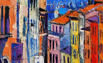 Acrylic painting of buildings looking down a city street