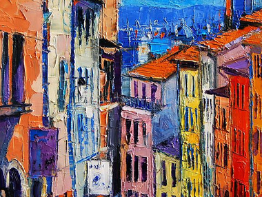 Acrylic painting of buildings looking down a city street