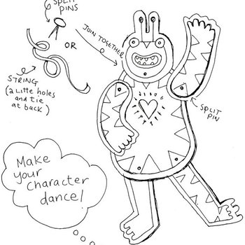 Drawing of a paper puppet after assembly, with a speech bubble saying "make your puppet dance!"