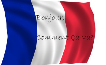 A French flag with the words written on it: Bonjour and Comment ca va?
