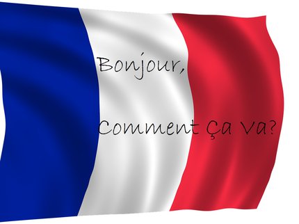 A French flag with the words written on it: Bonjour and Comment ca va?