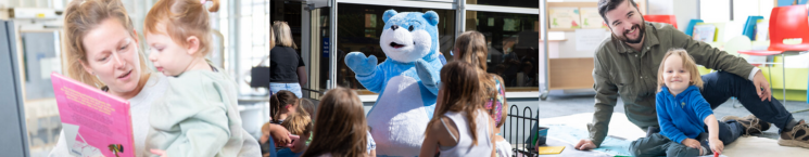 A parent and child borrowing a book, Bookstart Bear in the library garden, and a parent and child playing with Lego