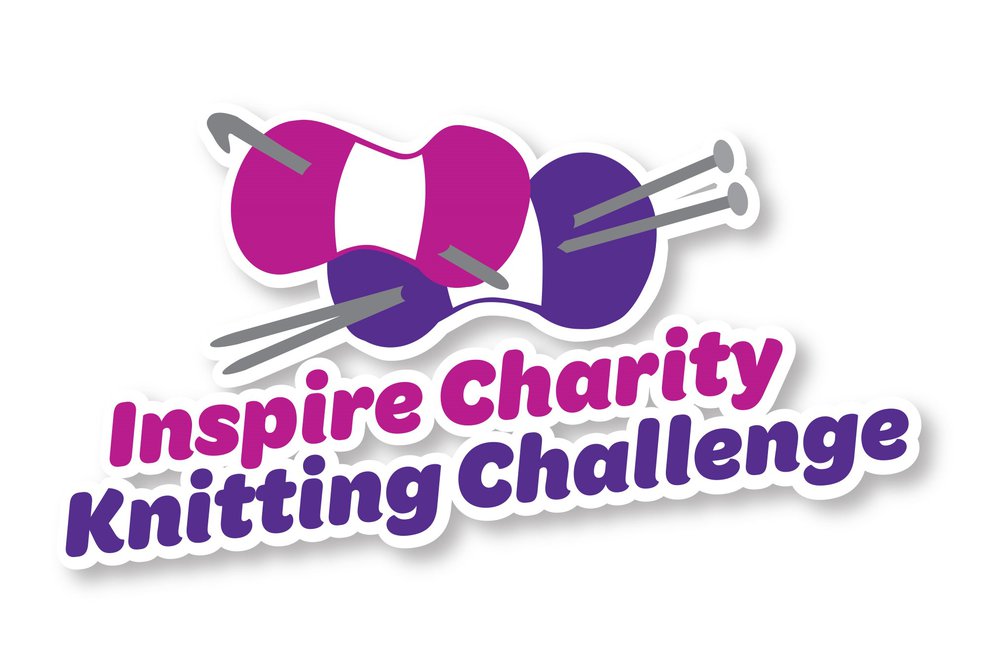 Logo for the Inspire Charity Knitting Challenge - a ball of wool with knitting needles and one with a crotchet hook