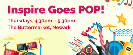 Inspire Goes Pop poster with the title in pink, alongside graphics of musical instruments and a microphone, a drum set