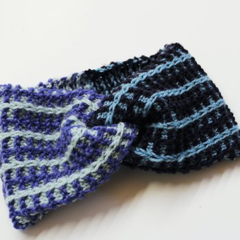Photo of a knitted handy headband in different shades of blue