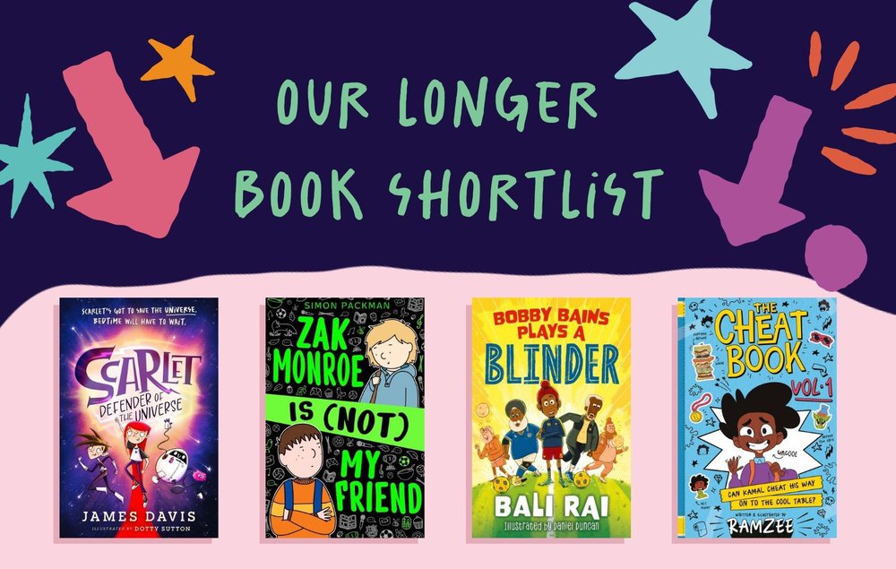 A graphic showing the front covers of our four shortlisted books in the InspiREAD 2026 Longer Book category.