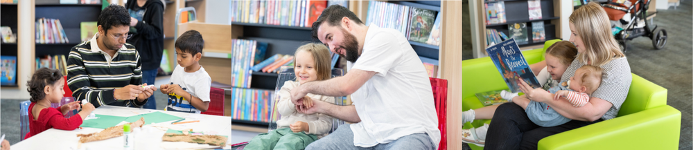 Trio of images showing parents and children enjoying library activities together