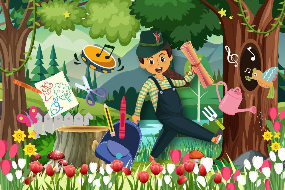 Marion walking through the forest, holding a map, surrounded by craft equipment and musical instruments.
