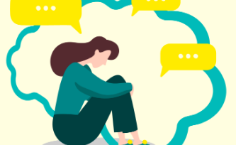 A person sat in a thought cloud