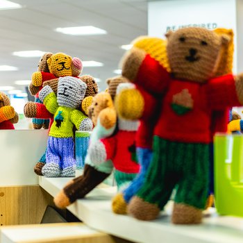 Close up of a bundle of brave bears on the library shelf