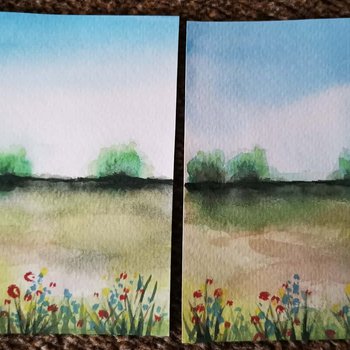 Beautiful watercolour paintings of a nature scene - a grassy field with trees and flowers