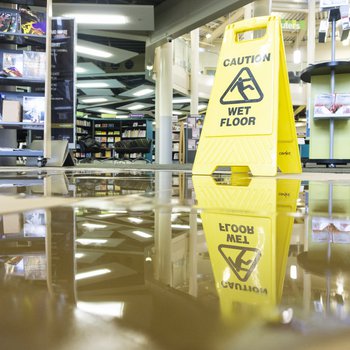 A flooded library interior with a wet floor sign