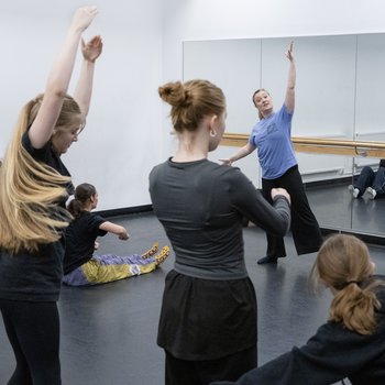 A group of young people dancing in front of a mirror