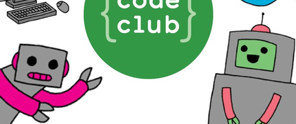 cartoons of robots with a green circle in the middle reading code club
