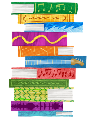Colourful illustration of books piled on top of each other. Some book spines featuring musical notes and the neck of a guitar.