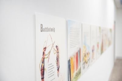 Exhibition panels on a gallery wall