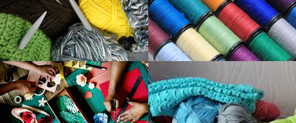 four images of different craft supplies for knitting, sewing, cutting shapes and wool