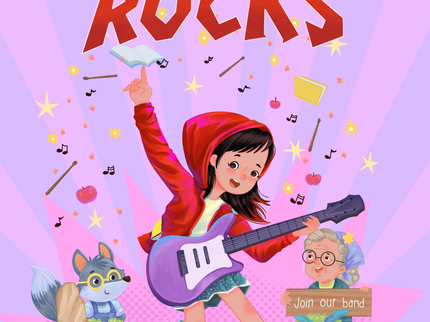 Cartoon image of a girl with brown hair, light skin and a red hoodie, playing a purple electric guitar.